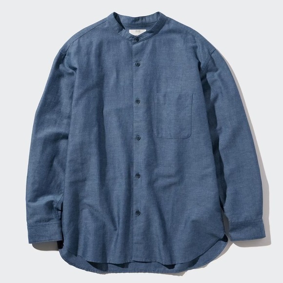 Uniqlo Stand Band Collar Shirt Men Medium Denim Blue Long Sleeve Cotton Mandarin - Picture 1 of 9